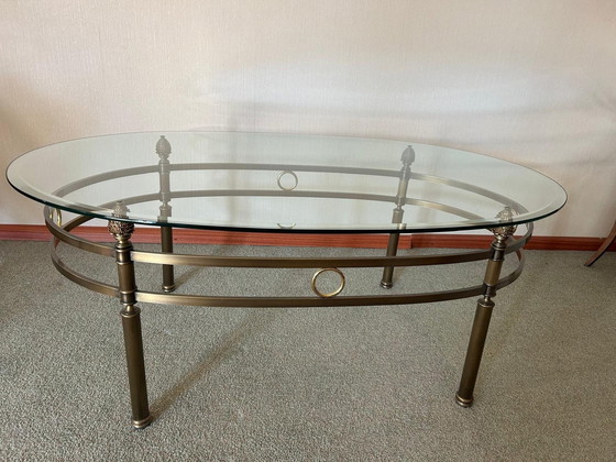 Image 1 of Oval Glass Vintage Coffee Table With Brass Frame