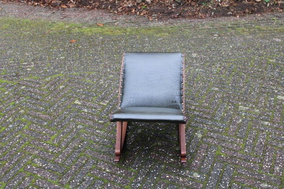 Image 1 of Vintage Footstool - Swing Footstool - 1950s/1960s With Wood And Dark Green Skai
