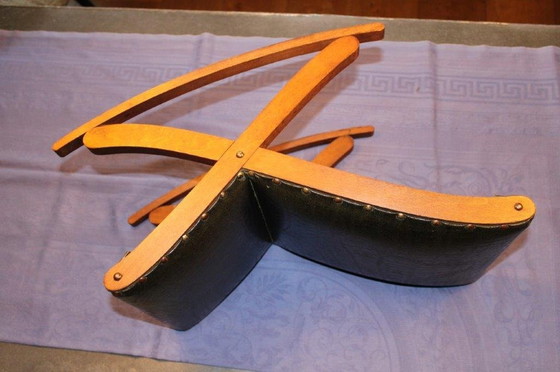 Image 1 of Vintage Footstool - Swing Footstool - 1950s/1960s With Wood And Dark Green Skai