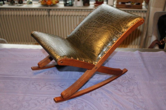 Image 1 of Vintage Footstool - Swing Footstool - 1950s/1960s With Wood And Dark Green Skai