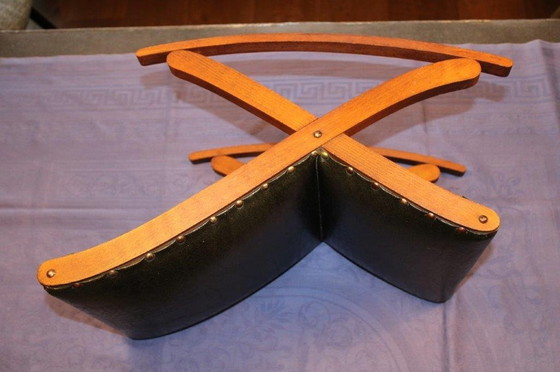 Image 1 of Vintage Footstool - Swing Footstool - 1950s/1960s With Wood And Dark Green Skai