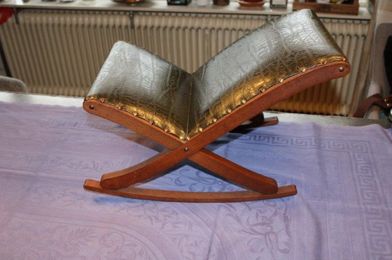 Image 1 of Vintage Footstool - Swing Footstool - 1950s/1960s With Wood And Dark Green Skai