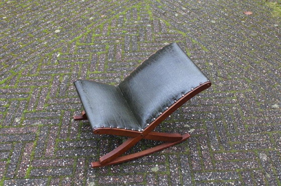 Image 1 of Vintage Footstool - Swing Footstool - 1950s/1960s With Wood And Dark Green Skai