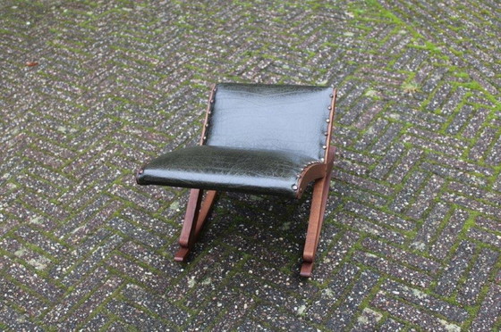 Image 1 of Vintage Footstool - Swing Footstool - 1950s/1960s With Wood And Dark Green Skai