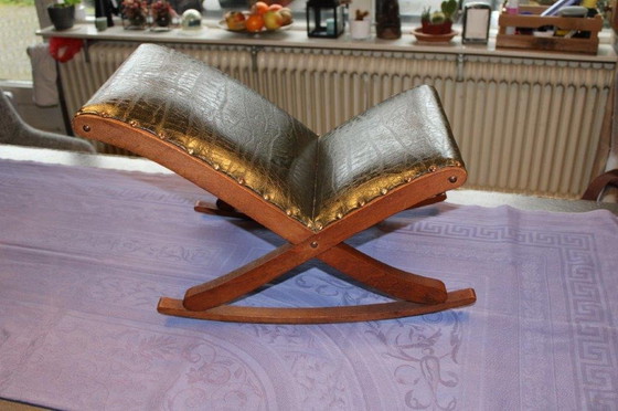 Image 1 of Vintage Footstool - Swing Footstool - 1950s/1960s With Wood And Dark Green Skai