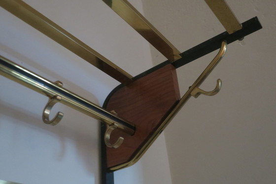 Image 1 of Mid Century Coat And Hat Rack In Brass And Teak, 1960S