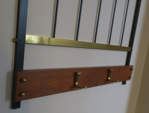 Mid Century Coat And Hat Rack In Brass And Teak, 1960S