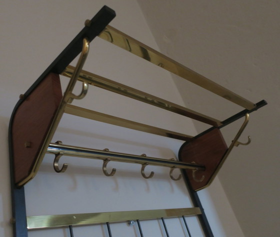 Image 1 of Mid Century Coat And Hat Rack In Brass And Teak, 1960S