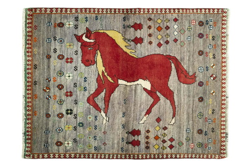 Hand-knotted Gabbeh nomadic rug with horse motif - 143 X 108 Cm