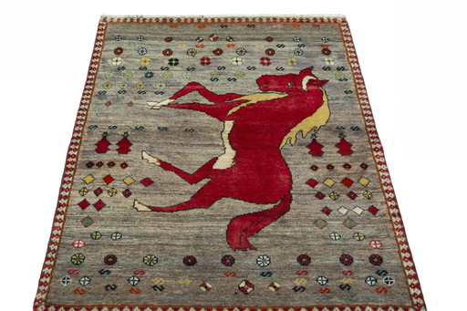 Hand-knotted Gabbeh nomadic rug with horse motif - 143 X 108 Cm