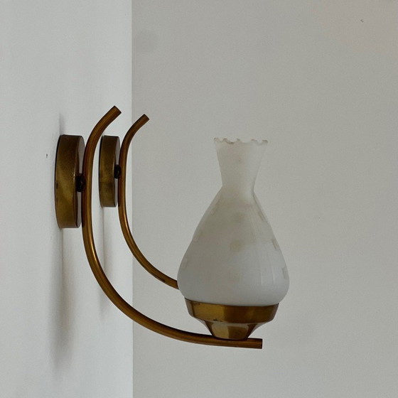 Image 1 of Pair of Swedish vintage opaline glass and brass wall lamps, 1960s
