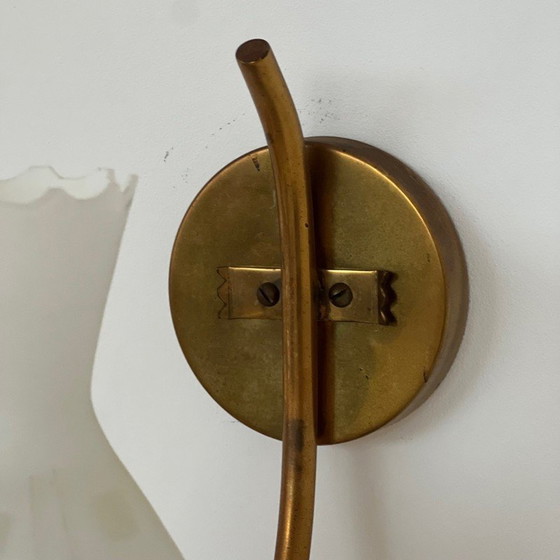 Image 1 of Pair of Swedish vintage opaline glass and brass wall lamps, 1960s