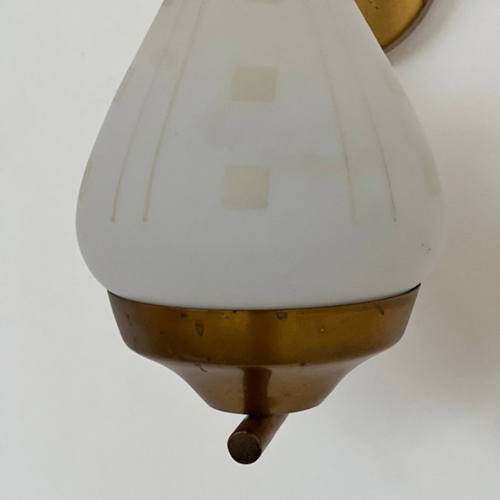 Image 1 of Pair of Swedish vintage opaline glass and brass wall lamps, 1960s