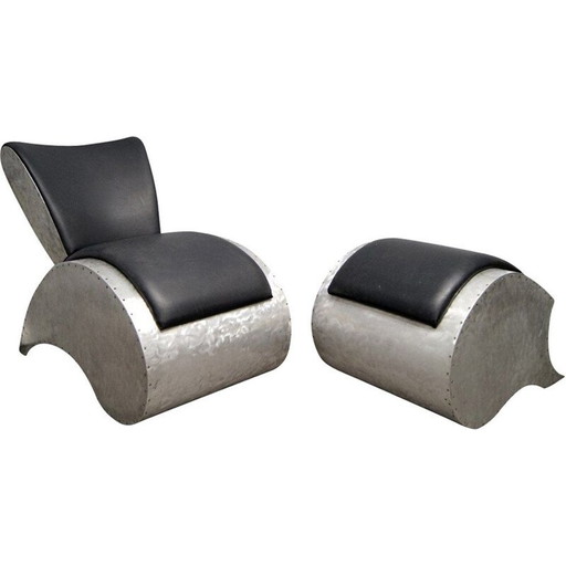 Vintage aluminium and vinyl armchair and ottoman, 1970s