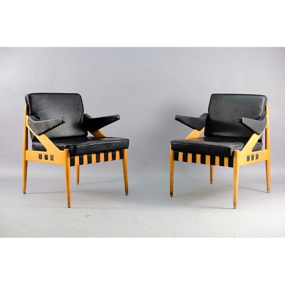 Image 1 of Pair of vintage SE122 A armchairs in beech wood and leather by Egon Eiermann for Wilde and Spieth, Germany 1950