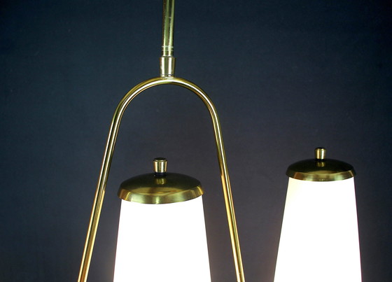 Image 1 of Maison Arlus, Black & Brass Chandelier, Three Tall White Opalines, France Mid-Century