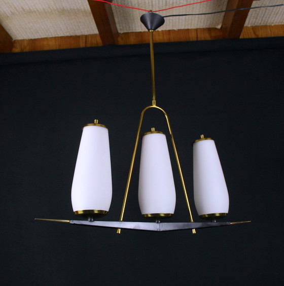 Image 1 of Maison Arlus, Black & Brass Chandelier, Three Tall White Opalines, France Mid-Century