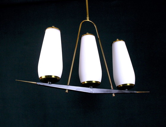 Image 1 of Maison Arlus, Black & Brass Chandelier, Three Tall White Opalines, France Mid-Century