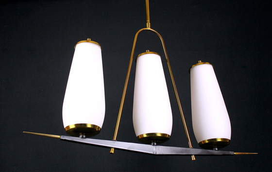 Image 1 of Maison Arlus, Black & Brass Chandelier, Three Tall White Opalines, France Mid-Century