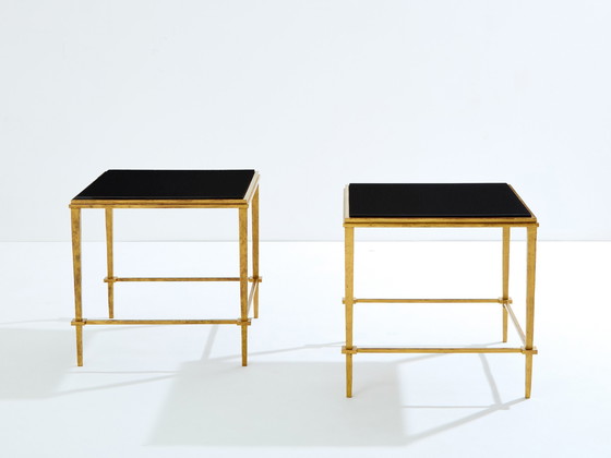 Image 1 of Coppia di tavolini laterali Maison Ramsay in ferro dorato e lacca nera, 1950
