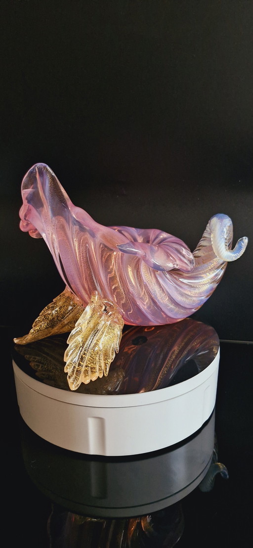 50'S Archimede Seguso Murano Glass Pink Opaline Vase With Gold Leaves 