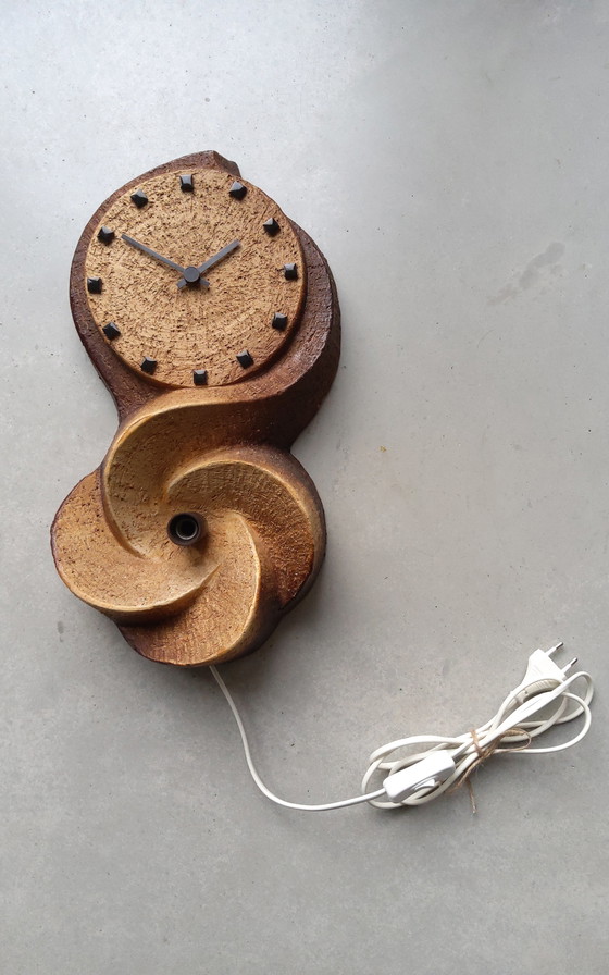 Image 1 of Ceramic brutalist wall lamp and wall clock made of chamotte clay