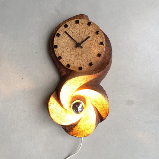 Ceramic brutalist wall lamp and wall clock made of chamotte clay