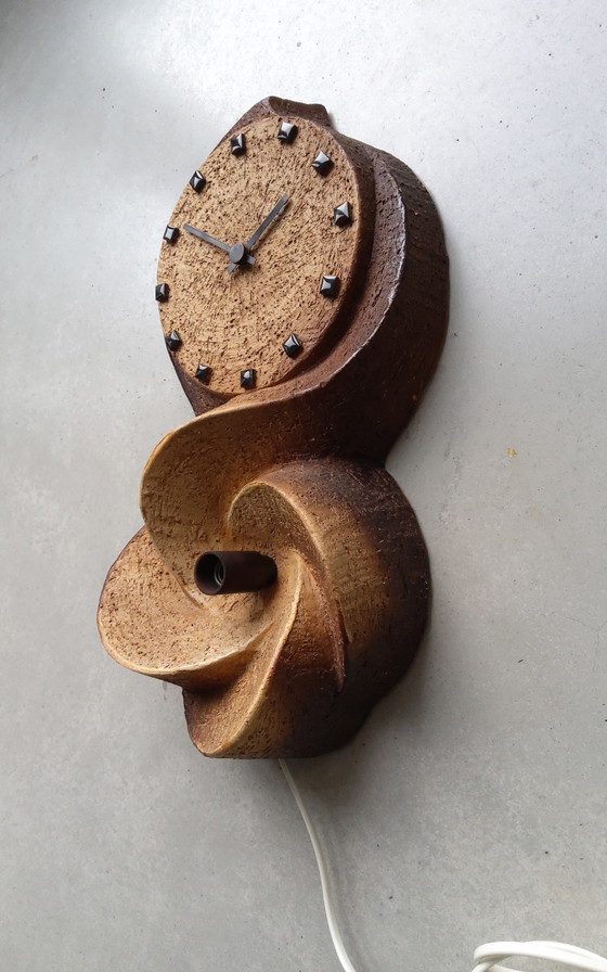 Image 1 of Ceramic brutalist wall lamp and wall clock made of chamotte clay