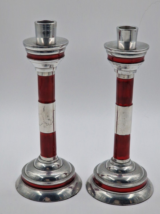 Image 1 of Pair of industrial vintage candlesticks in the shape of a lighthouse