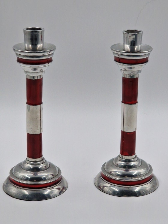 Image 1 of Pair of industrial vintage candlesticks in the shape of a lighthouse