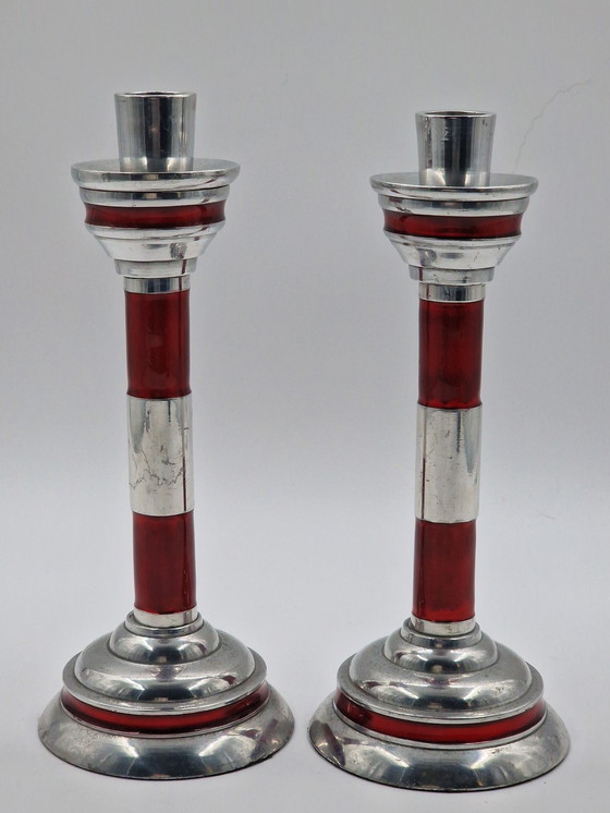 Image 1 of Pair of industrial vintage candlesticks in the shape of a lighthouse