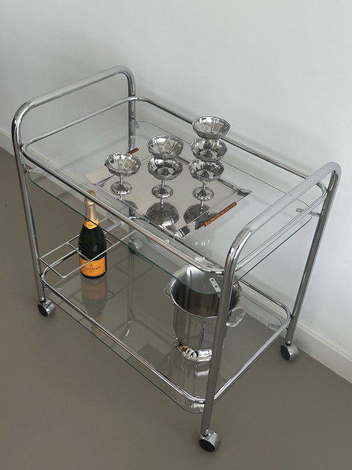 Vintage Chrome Barcart Seveer Trolley Bauhaus Style Retro Tube Frame