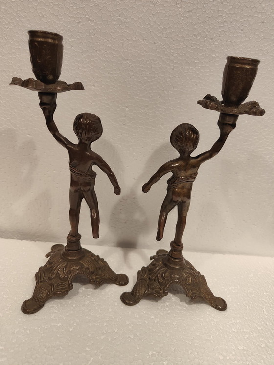 Image 1 of Vintage Solid Bronze Boy Candlestick Set Of Two