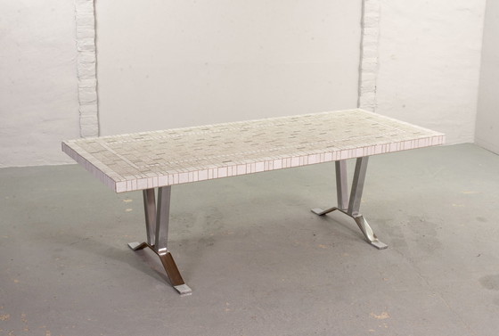 Image 1 of Large White Mid-Century Design Ceramic Tiles Coffee Table on Chrome Base in Style of Denisco