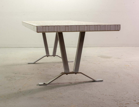 Image 1 of Large White Mid-Century Design Ceramic Tiles Coffee Table on Chrome Base in Style of Denisco