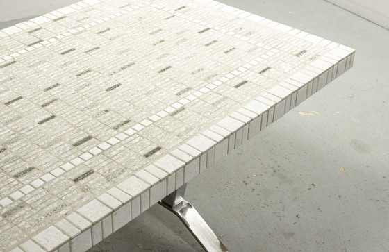 Image 1 of Large White Mid-Century Design Ceramic Tiles Coffee Table on Chrome Base in Style of Denisco