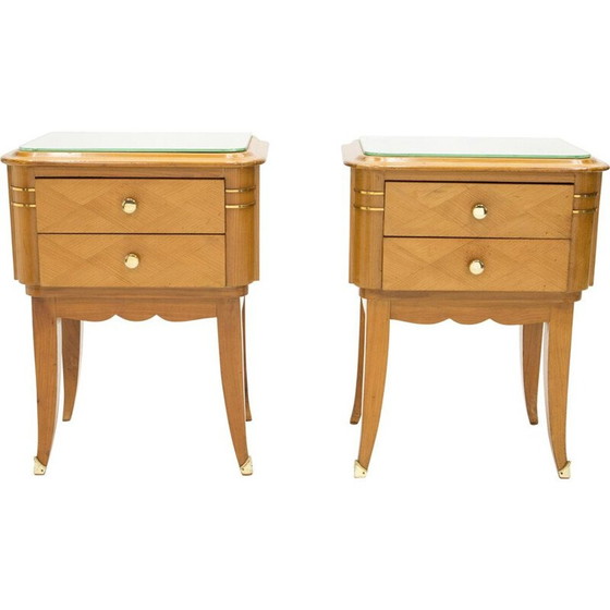 Image 1 of Coppia di comodini vintage in ottone e sicomoro con specchio di Jean Pascaud, anni '40