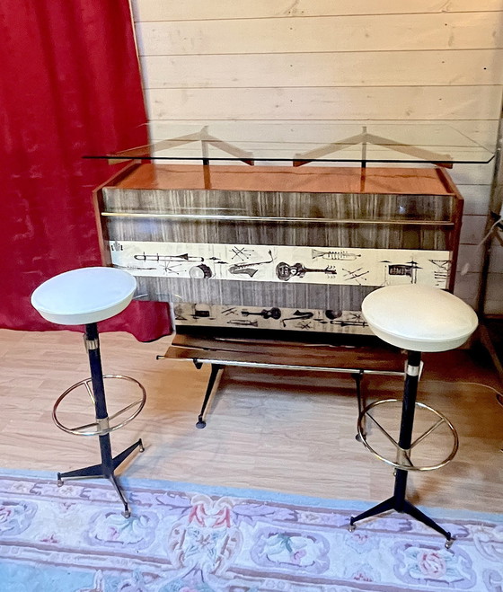 Image 1 of Mid 20Th Century Mid-Century Rosewood Bar& Two Stools, Luigi Scremin, Italy