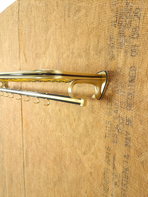 Image 1 of Train Coat Rack Gold Color With Hooks And Shelf, No. 3, Wall Coat Rack