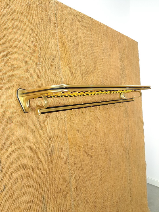 Image 1 of Train Coat Rack Gold Color With Hooks And Shelf, No. 3, Wall Coat Rack