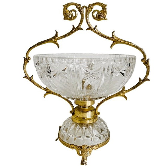 Image 1 of Piatto per dolciumi vintage in ottone e cristallo Rococò Hollywood Regency