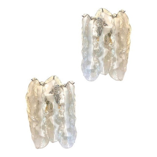 Set Of Two Transparent And White “Fiamma” Murano Glass Wall Sconces