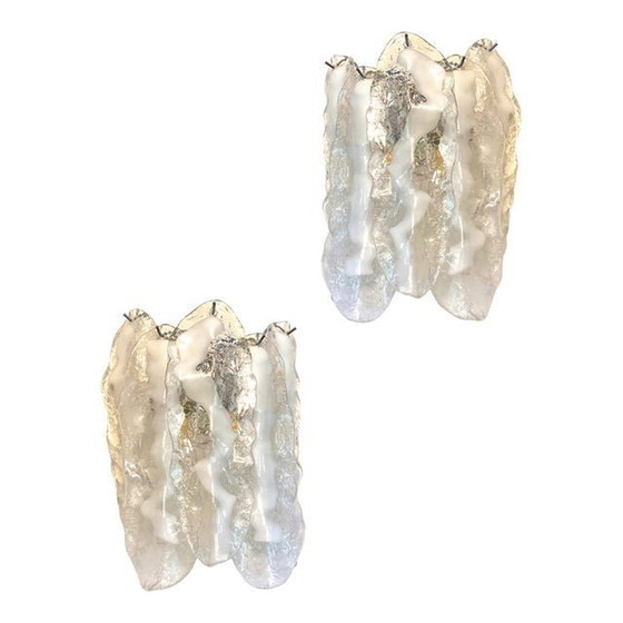 Image 1 of Set Of Two Transparent And White “Fiamma” Murano Glass Wall Sconces