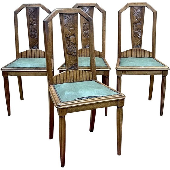 Image 1 of Set of 4 vintage Art Deco chairs in walnut and skai seat, 1930