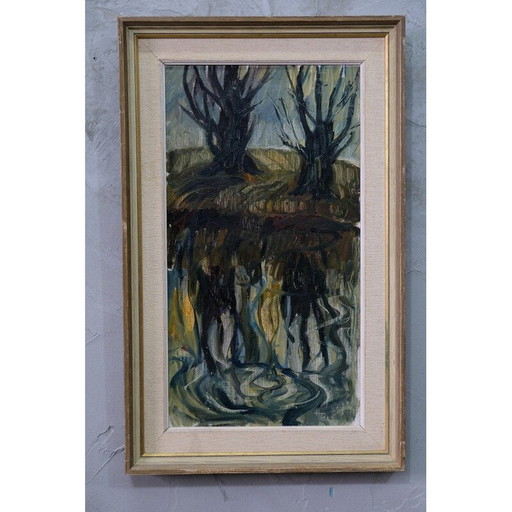Pintura al óleo de paisaje vintage de Hildegard Schüller-Falk, Suecia 1960
