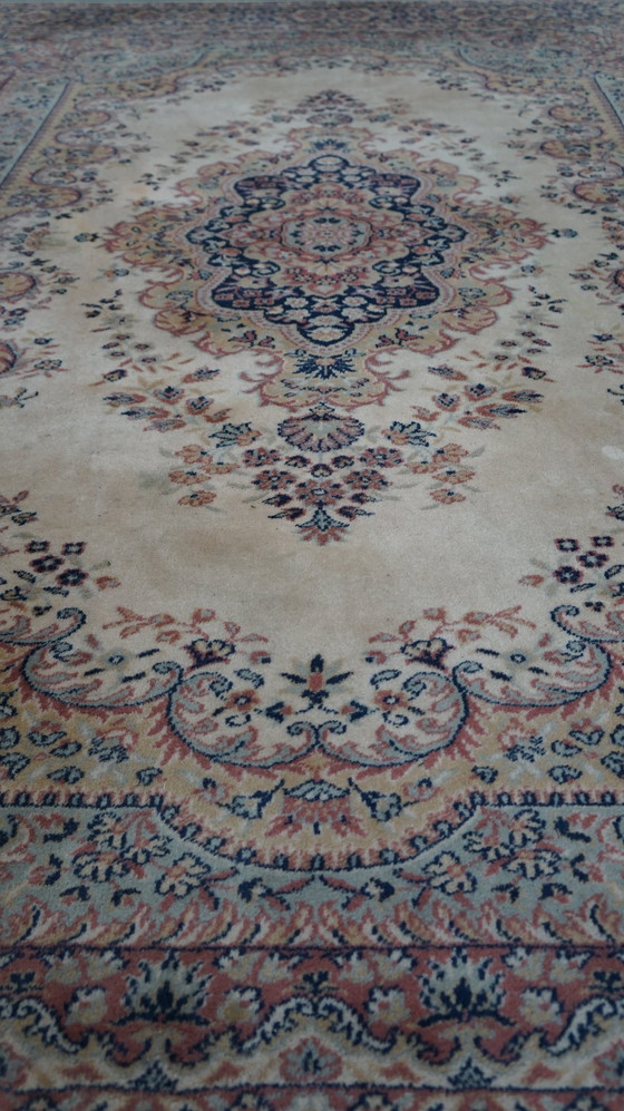 Image 1 of Tapis oriental en laine aux couleurs douces : rose, crème et bleu, 290x200cm