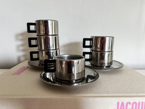 6X Casalinghi Italy Stainless Steel Chrome Espresso Cup & Saucer