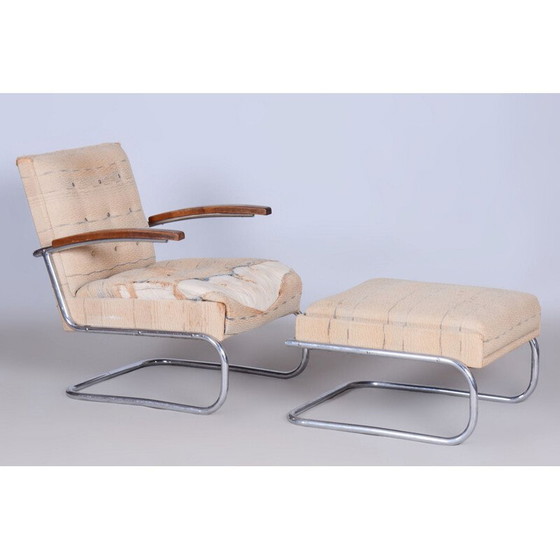 Image 1 of Coppia di poltrone vintage Bauhaus con sgabelli in acciaio cromato e faggio, Cecoslovacchia 1920