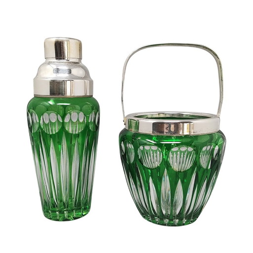 1960S Gorgeous Green Bohemian Cut Crystal Glass Cocktail Shaker With Ice Bucket. Made In Italy