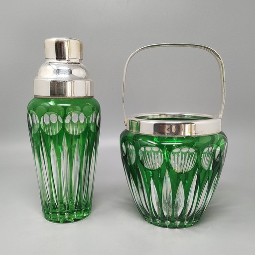 1960S Gorgeous Green Bohemian Cut Crystal Glass Cocktail Shaker With Ice Bucket. Made In Italy